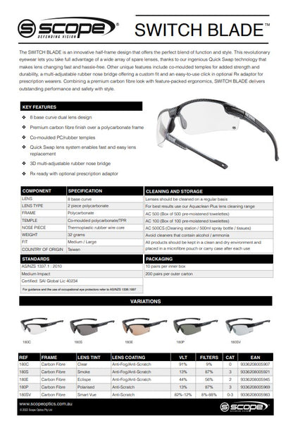 Scope Switch Blade Safety Glasses - 4 Lens Colour Options