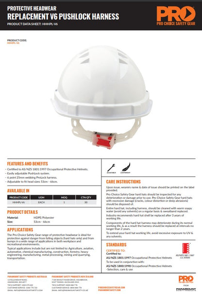 ProChoice Hard Hat Push Lock Harness for V6 and V9 Hard Hats