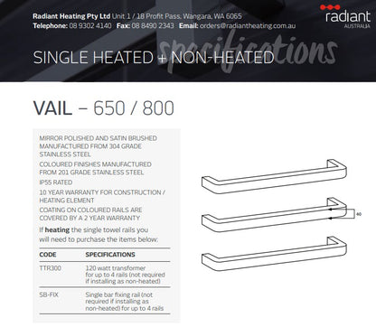 Radiant Single SQUARE WITH ROUNDED ENDS Bar Heated Towel Rail Kits (VAIL) - Various Widths, Colour Finishes and Number of Bars Available