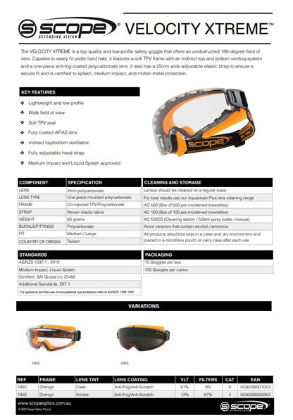 Scope Velocity Xtreme Orange Frame AF/AS Clear or Smoke Lens