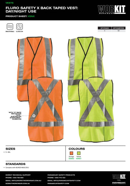 Pro Choice Hi Vis Fluro Safety Vest Day/Night use Reflective Tape H or X Back - Pack of 5 in 2 Colours and 7 Size Options